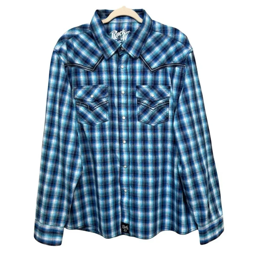 Wrangler Rock 47 Men’s Western Pearl Snap Shirt XXL Blue Plaid Long Sleeve EUC - Picture 1 of 12